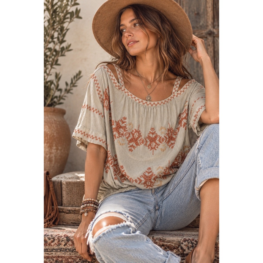 Free People Embroidered Boho Cold Shoulder Crop Top Beige Linen Blend XS
